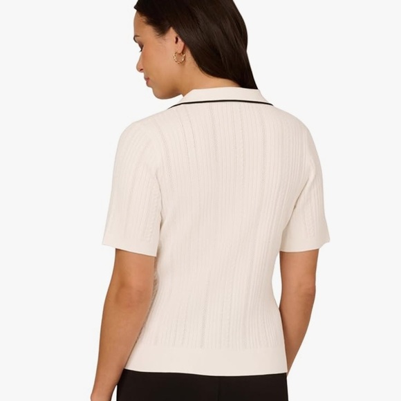 Adrianna Papell OpenV-Neck Polo Mix Rib Cable Knit Short Sleeve Large - Picture 2 of 10